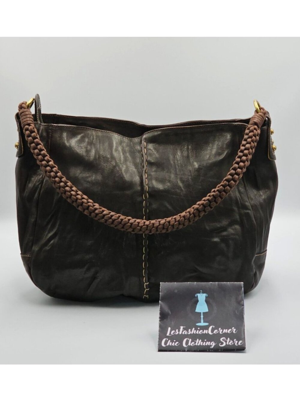 Christopher Kon Women's Brown Leather Braided Handle Shoulder Boho Bag Sz L 2561 - Picture 5 of 11